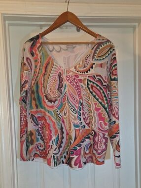 Chico's Colorful Paisley V-Neck Long Sleeve Top Bohemium Size 2 (L)